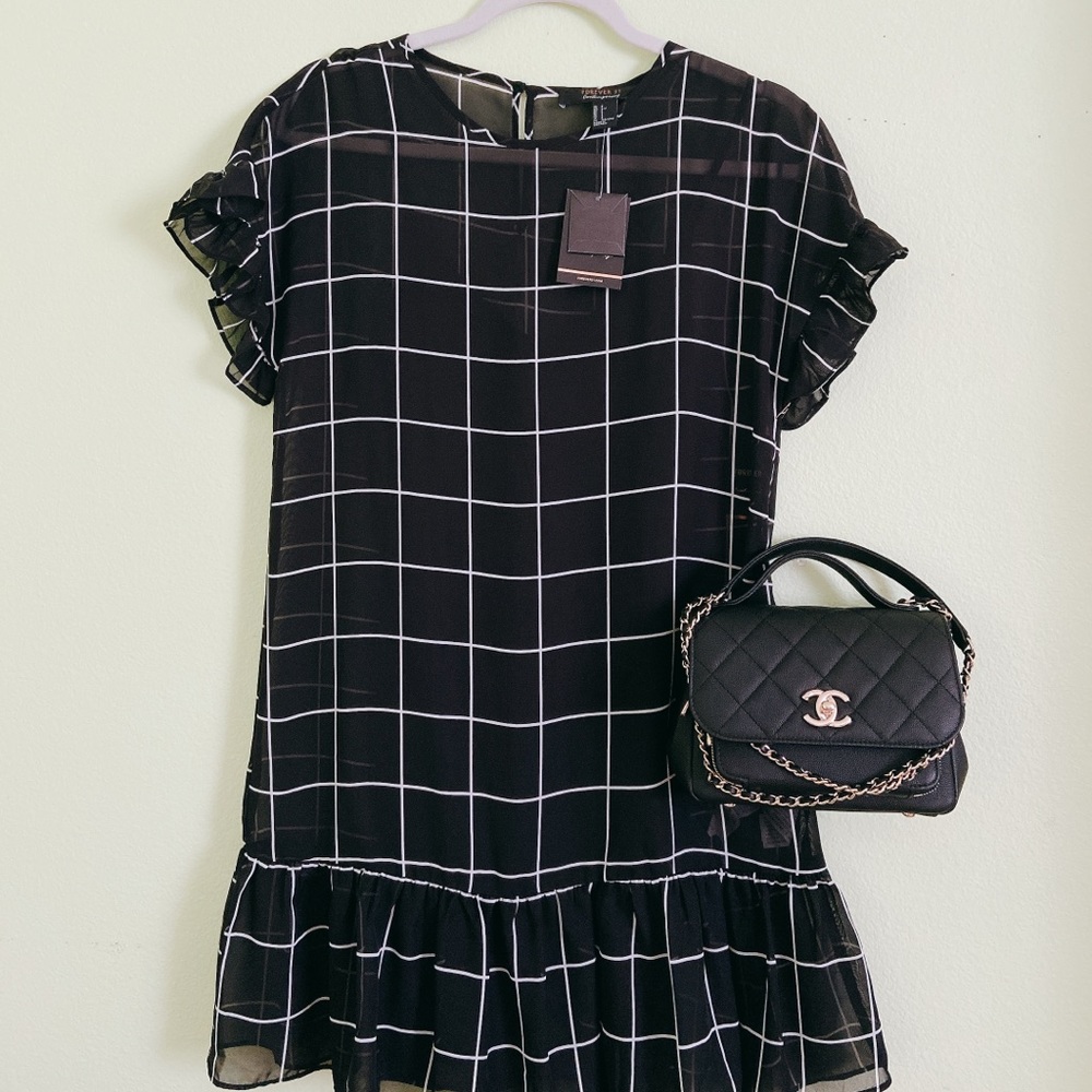grid chiffon ruffle dress